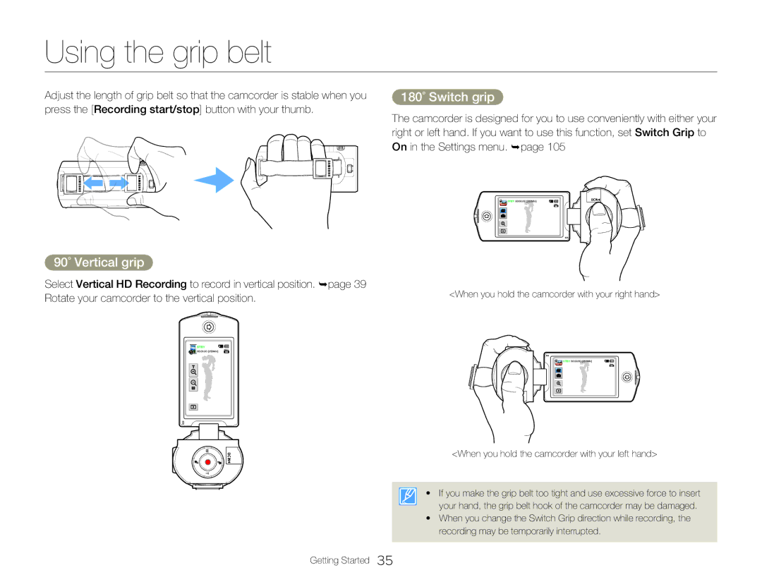 Samsung HMX-Q20RP/HAC, HMX-Q200BP/EDC, HMX-QF20BP/EDC manual Using the grip belt, 180˚ Switch grip, 90˚ Vertical grip 