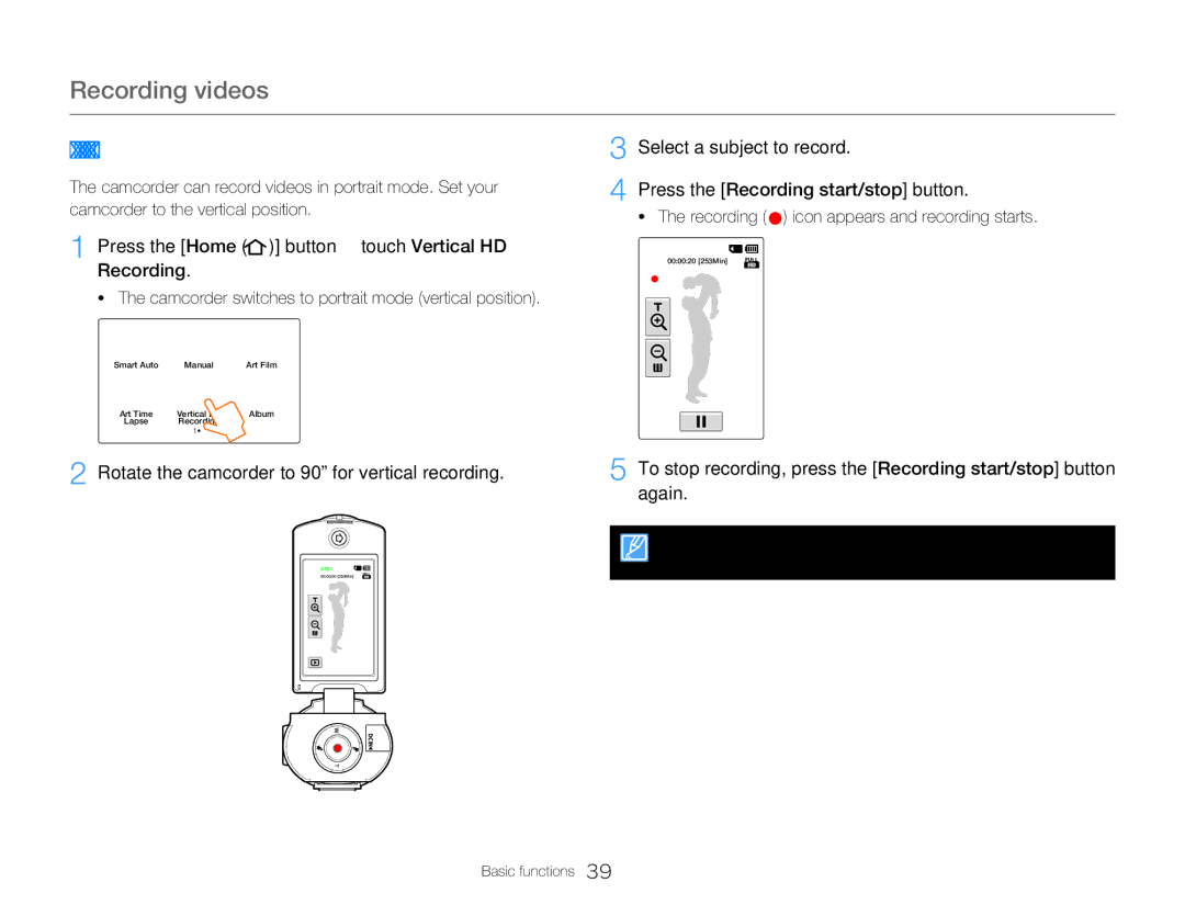 Samsung HMX-Q20BP/HAC manual Recording videos in portrait mode, Press the Home button Š touch Vertical HD Recording, Again 