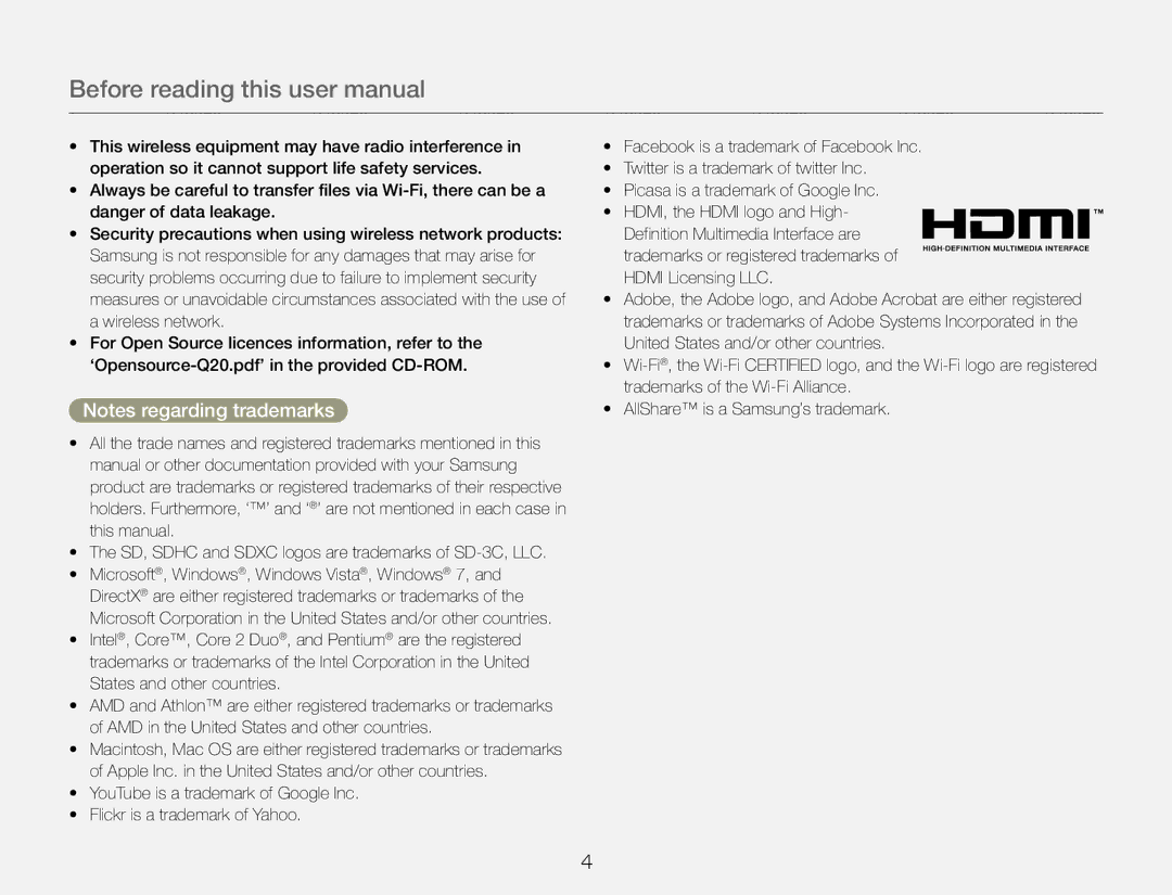 Samsung HMX-Q20BP/MEA, HMX-Q200BP/EDC, HMX-QF20BP/EDC, HMX-Q20TP/EDC, HMX-Q20BP/EDC, HMX-Q20RP/HAC, HMX-QF20BP/XER, HMX-Q20BP/XER 