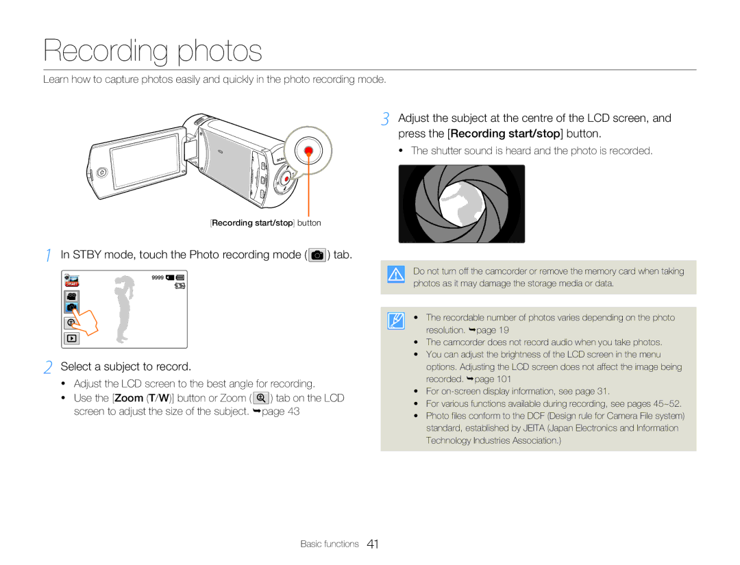 Samsung HMX-Q20RP/XER, HMX-Q200BP/EDC, HMX-QF20BP/EDC manual Recording photos, Stby mode, touch the Photo recording mode tab 