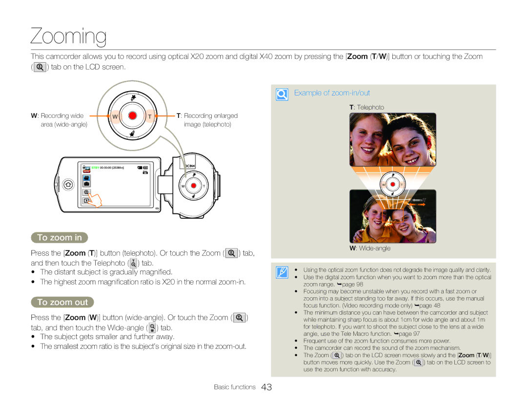 Samsung HMX-QF20BP/XIL, HMX-Q200BP/EDC, HMX-QF20BP/EDC, HMX-Q20TP/EDC manual Zooming, To zoom out, Example of zoom-in/out 