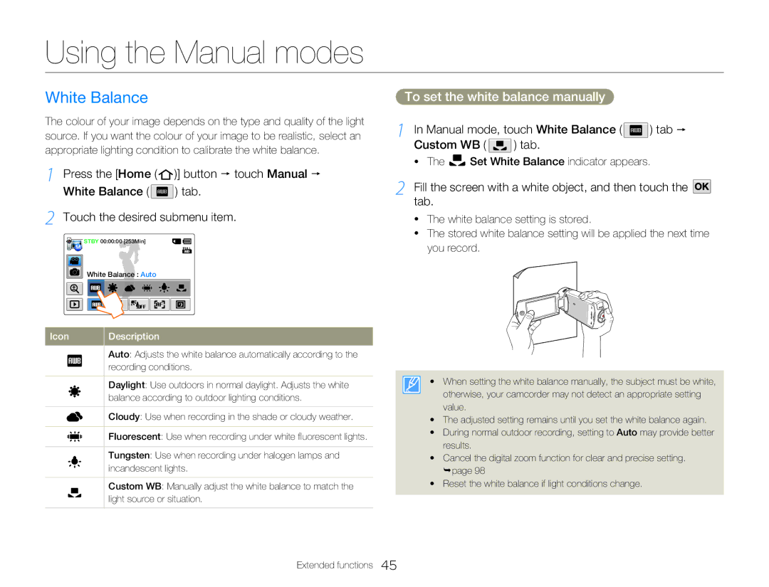 Samsung HMX-Q200BP/EDC, HMX-QF20BP/EDC Using the Manual modes, White Balance, To set the white balance manually 