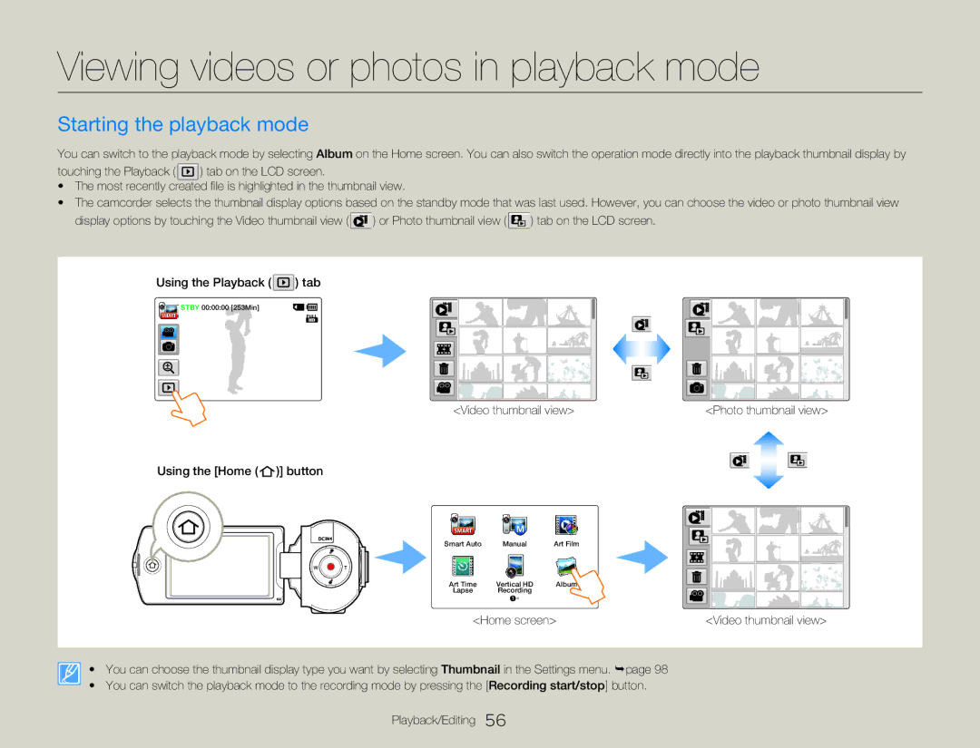 Samsung HMX-Q20RP/XER, HMX-Q200BP/EDC, HMX-QF20BP/EDC Viewing videos or photos in playback mode, Starting the playback mode 