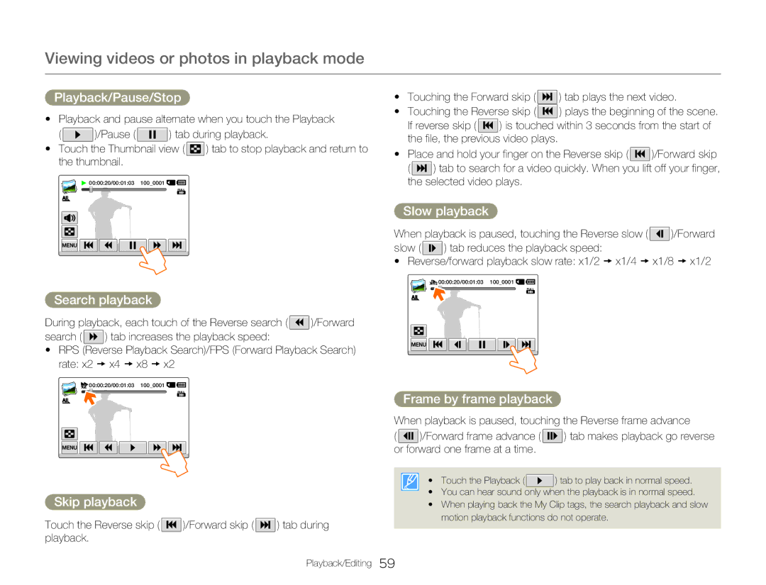 Samsung HMX-Q20BP/XIL manual Playback/Pause/Stop, Search playback, Skip playback, Slow playback, Frame by frame playback 