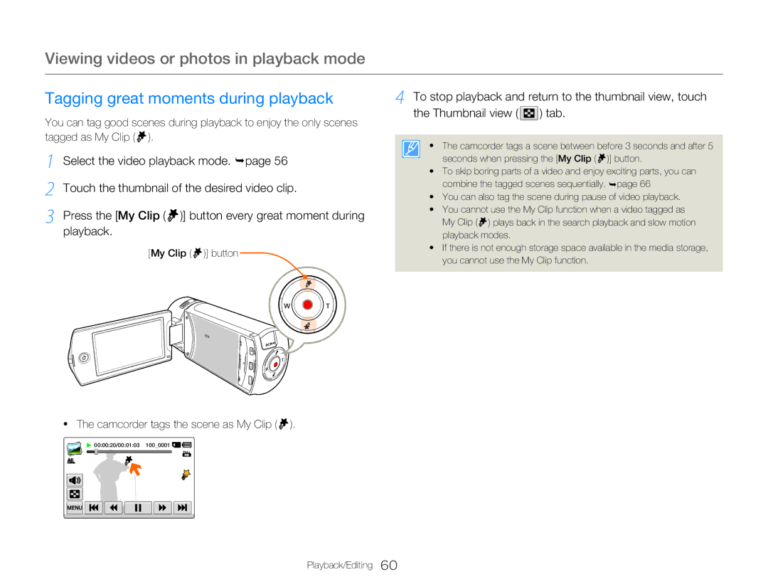 Samsung HMX-Q200BP/EDC manual Tagging great moments during playback, Thumbnail view, Select the video playback mode. ¬page 