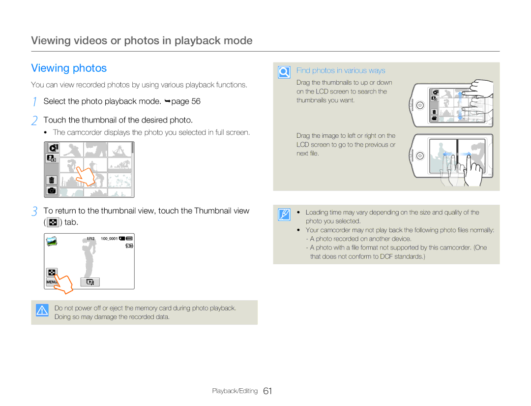 Samsung HMX-QF20BP/EDC, HMX-Q200BP/EDC, HMX-Q20TP/EDC, HMX-Q20BP/EDC manual Viewing photos, Find photos in various ways 