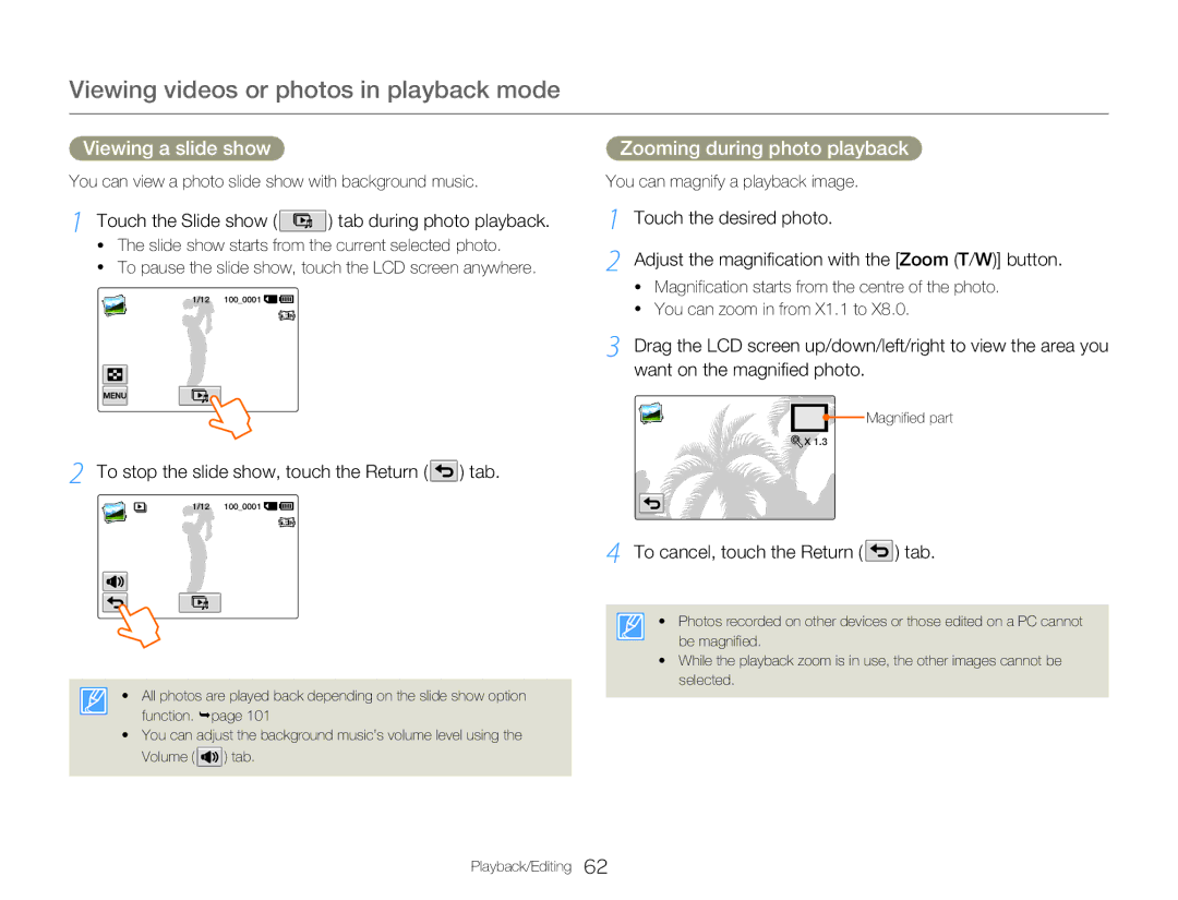 Samsung HMX-Q20TP/EDC Viewing a slide show, Zooming during photo playback, Touch the Slide show tab during photo playback 