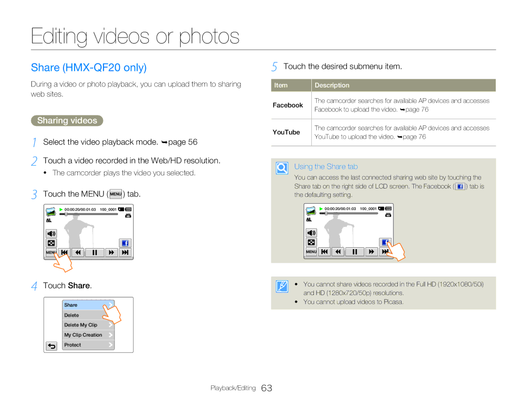 Samsung HMX-Q20BP/EDC manual Editing videos or photos, Share HMX-QF20 only, Sharing videos, Touch the Menu tab, Touch Share 