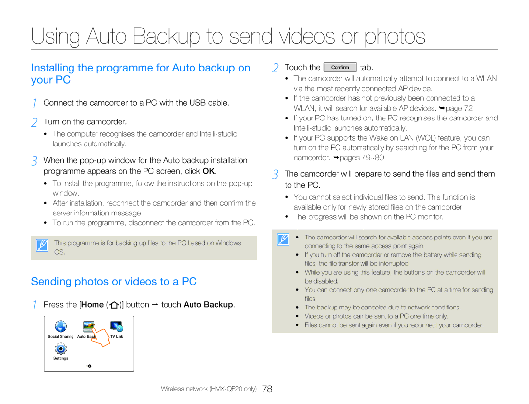 Samsung HMX-Q20BP/EDC Using Auto Backup to send videos or photos, Installing the programme for Auto backup on your PC 