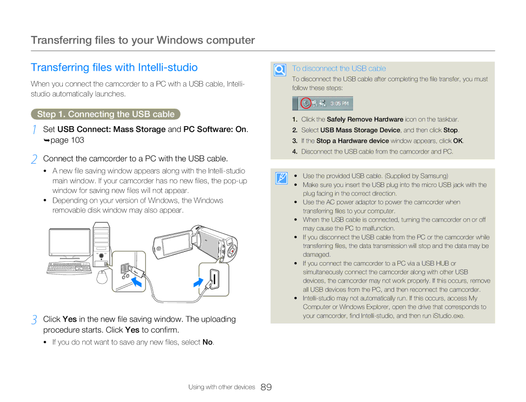 Samsung HMX-Q20BP/XIL, HMX-Q200BP/EDC Transferring files to your Windows computer, Transferring files with Intelli-studio 