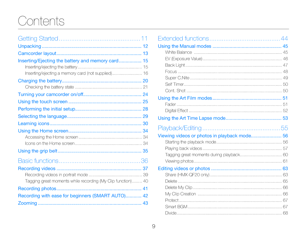 Samsung HMX-Q20BP/HAC, HMX-Q200BP/EDC, HMX-QF20BP/EDC, HMX-Q20TP/EDC, HMX-Q20BP/EDC, HMX-Q20BP/MEA, HMX-Q20RP/HAC manual Contents 