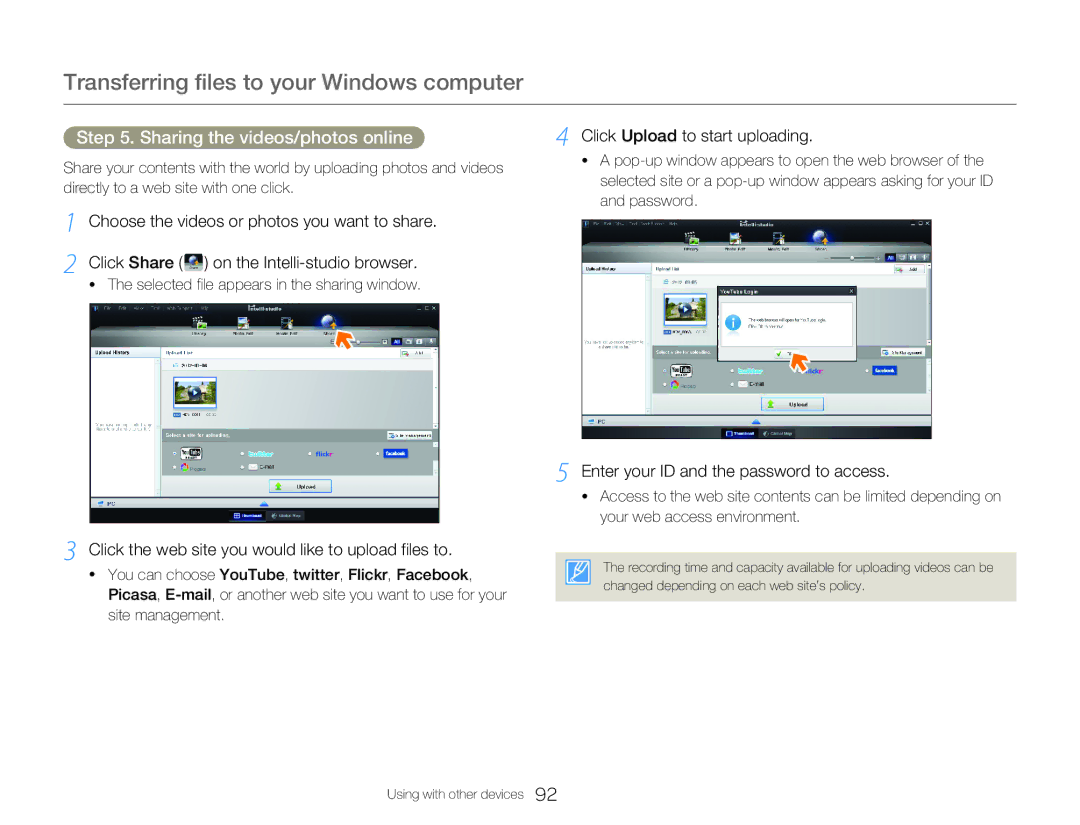 Samsung HMX-Q20TP/EDC manual Sharing the videos/photos online, Click the web site you would like to upload files to 