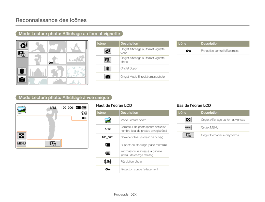 Samsung HMX-QF20BP/EDC manual Mode Lecture photo Affichage au format vignette, Mode Lecture photo Affichage à vue unique 