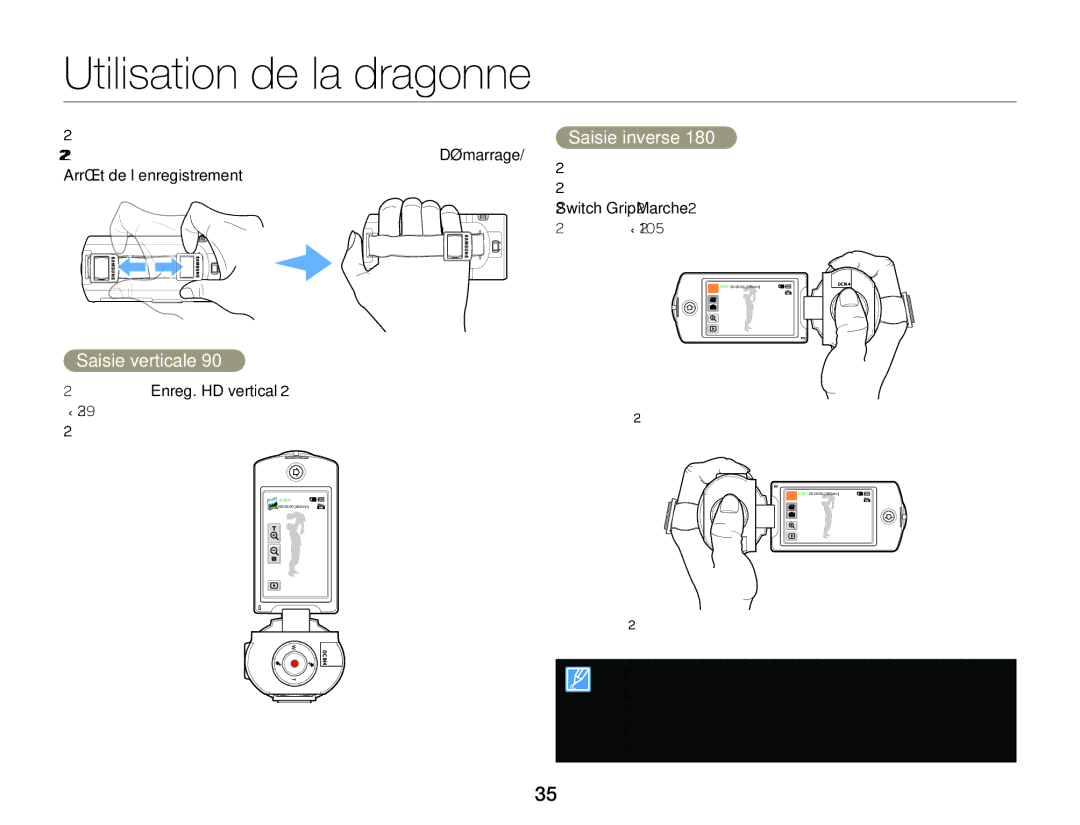 Samsung HMX-Q20BP/EDC, HMX-Q200BP/EDC, HMX-QF20BP/EDC manual Utilisation de la dragonne, Saisie inverse, Saisie verticale 