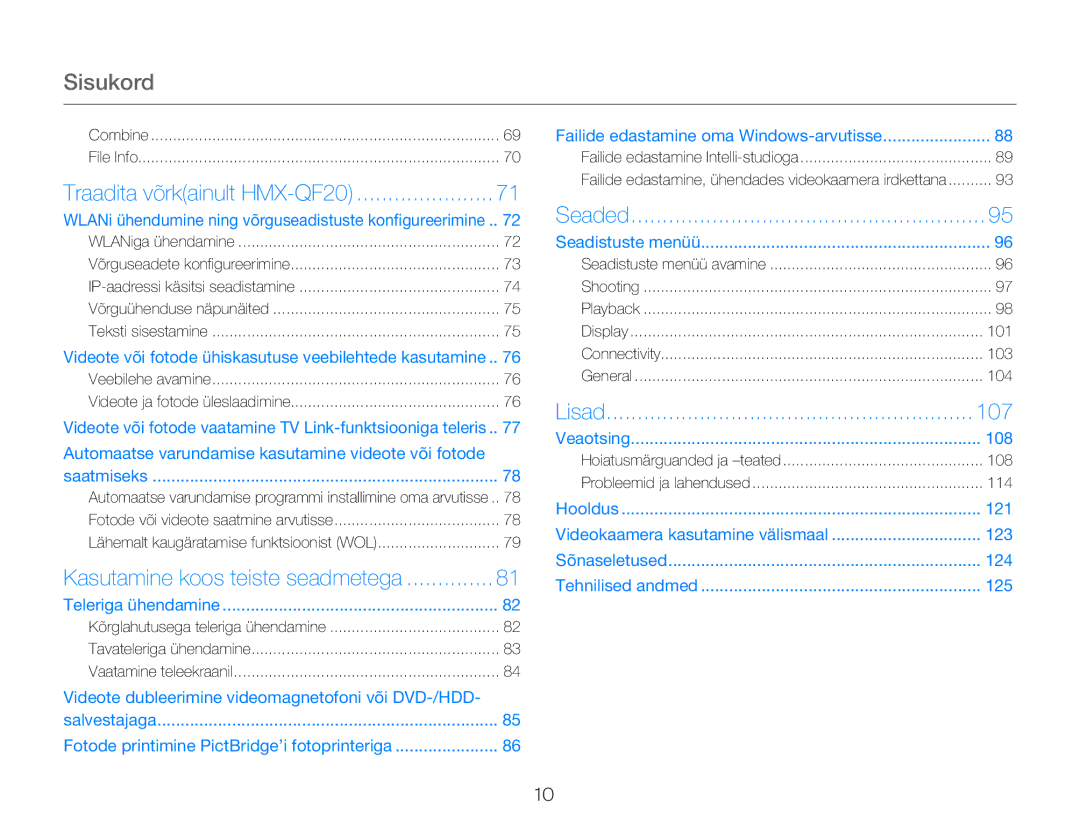 Samsung HMX-Q20BP/EDC manual Sisukord, 107, Videote või fotode ühiskasutuse veebilehtede kasutamine 