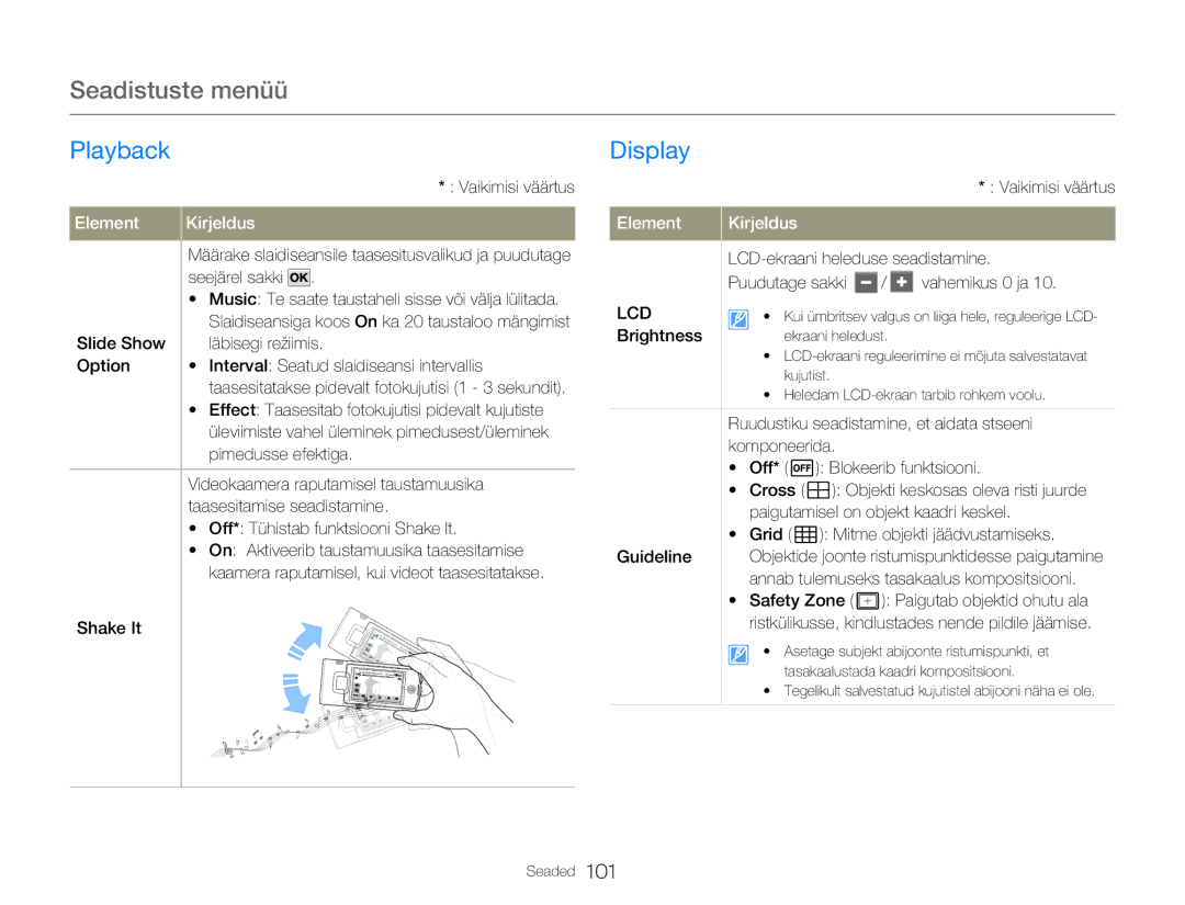 Samsung HMX-Q20BP/EDC manual Display, Pimedusse efektiga, LCD-ekraani heleduse seadistamine, Puudutage sakki Vahemikus 0 ja 