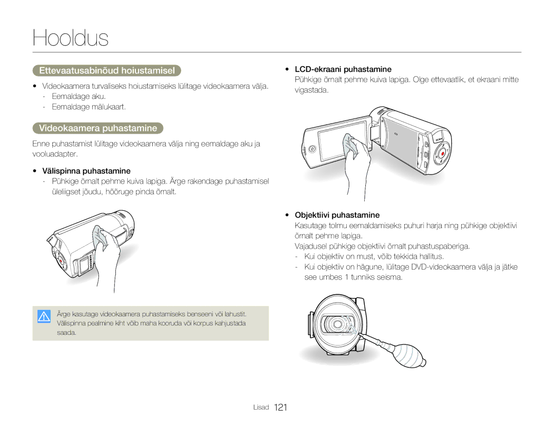 Samsung HMX-Q20BP/EDC Hooldus, Ettevaatusabinõud hoiustamisel, Videokaamera puhastamine, Eemaldage aku Eemaldage mälukaart 