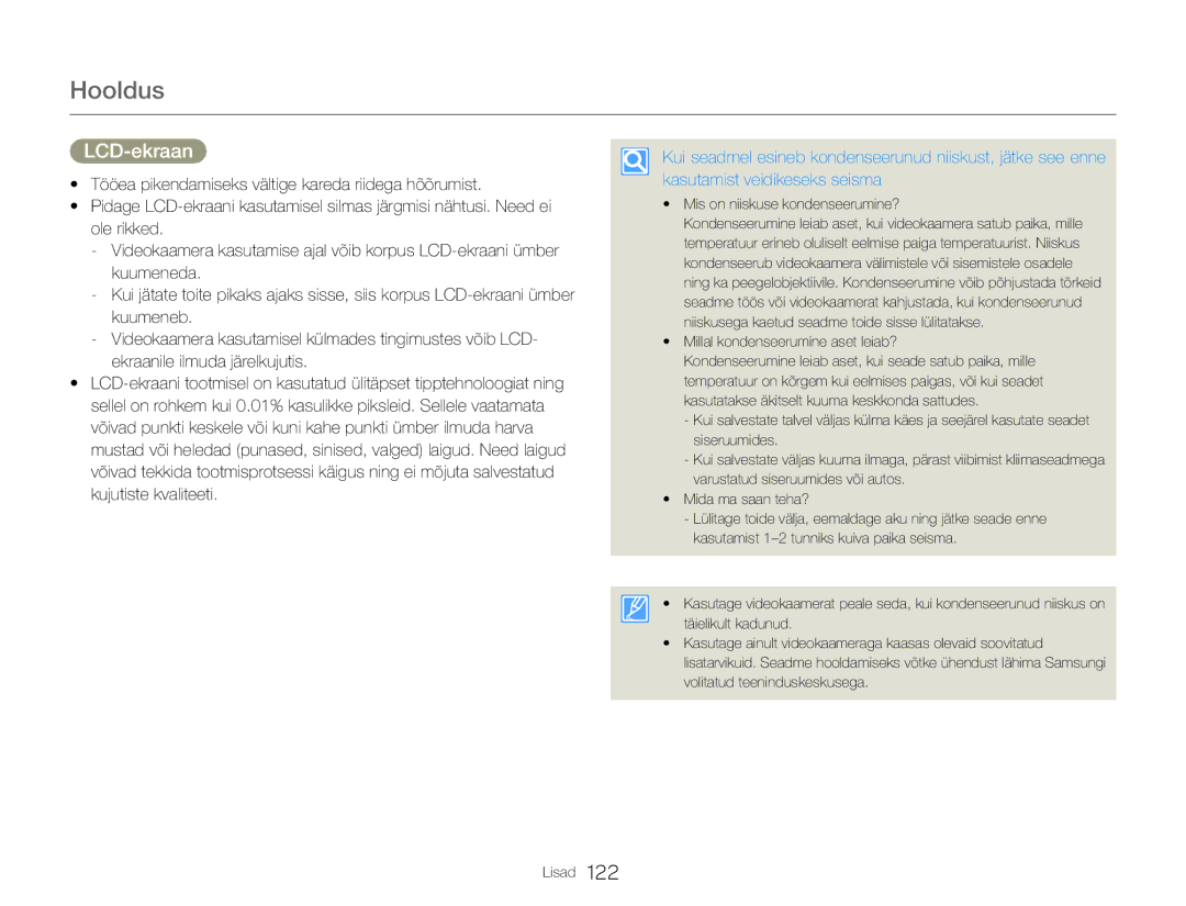 Samsung HMX-Q20BP/EDC manual Hooldus, LCD-ekraan 