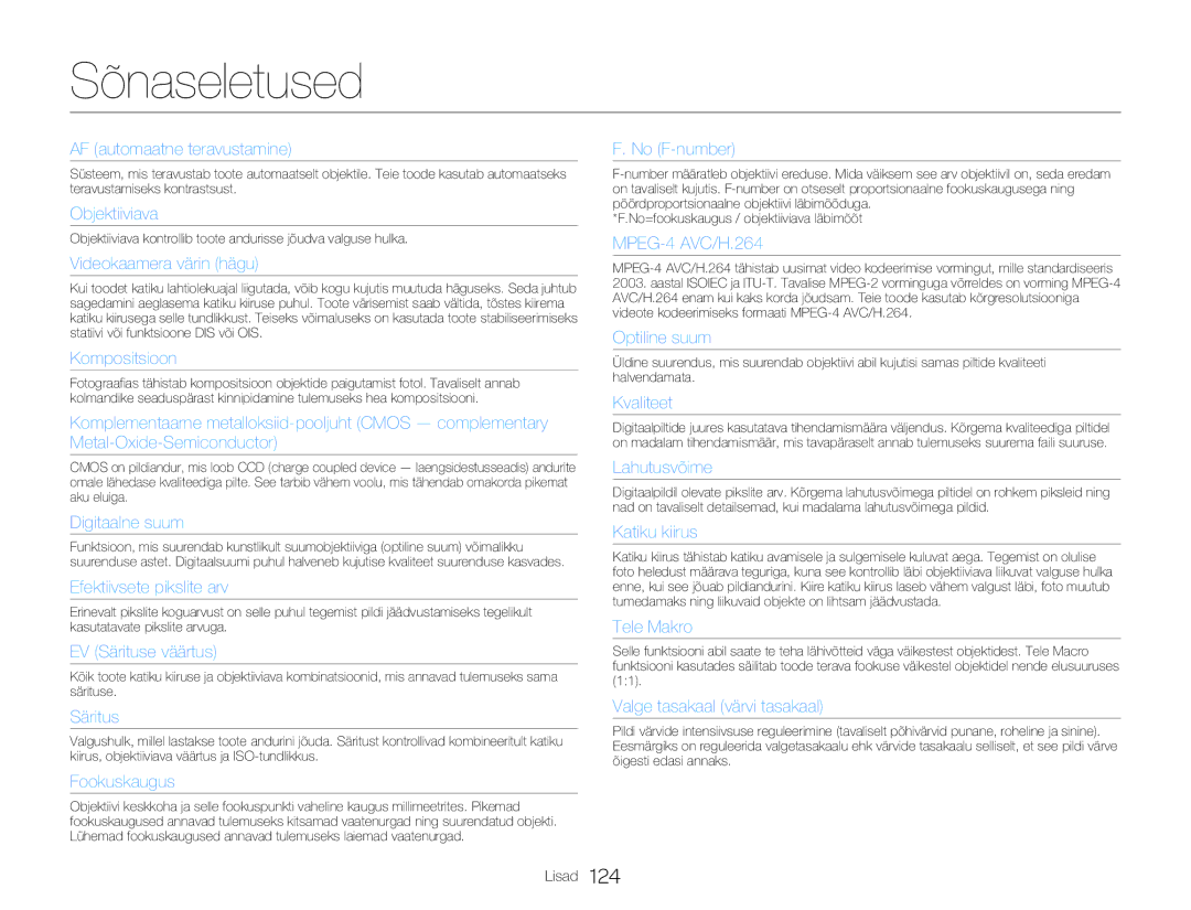 Samsung HMX-Q20BP/EDC manual Sõnaseletused, AF automaatne teravustamine 