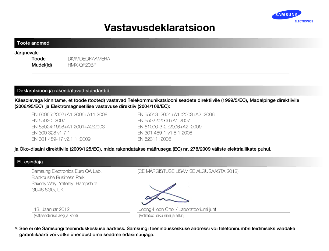 Samsung HMX-Q20BP/EDC manual Järgnevale Toode Digivideokaamera Mudelid HMX-QF20BP, Samsung Electronics Euro QA Lab 