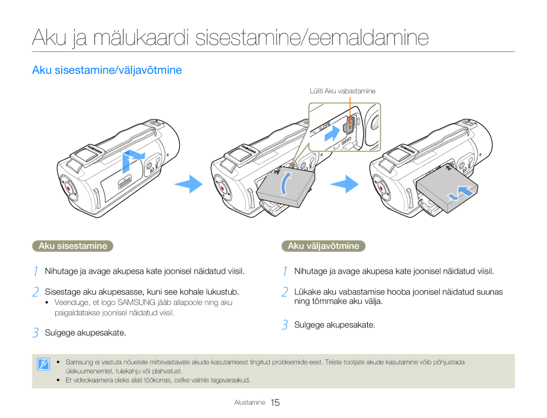 Samsung HMX-Q20BP/EDC manual Aku ja mälukaardi sisestamine/eemaldamine, Aku sisestamine/väljavõtmine, Aku väljavõtmine 