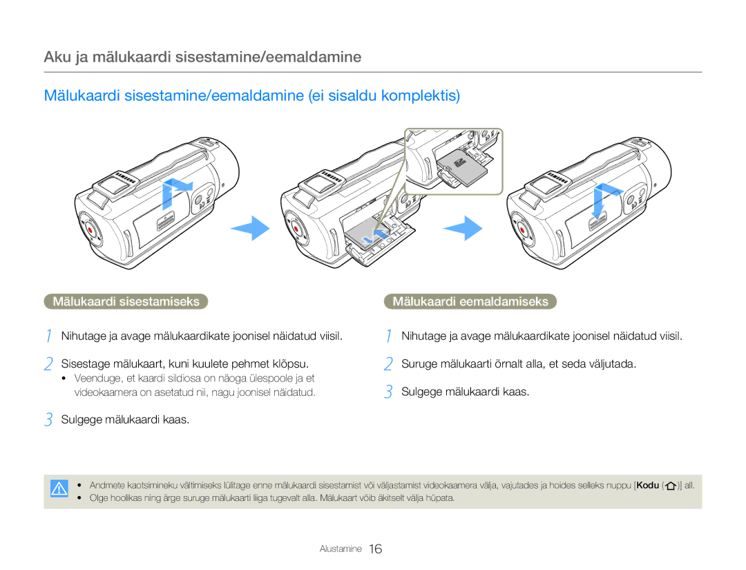 Samsung HMX-Q20BP/EDC Aku ja mälukaardi sisestamine/eemaldamine, Mälukaardi sisestamine/eemaldamine ei sisaldu komplektis 