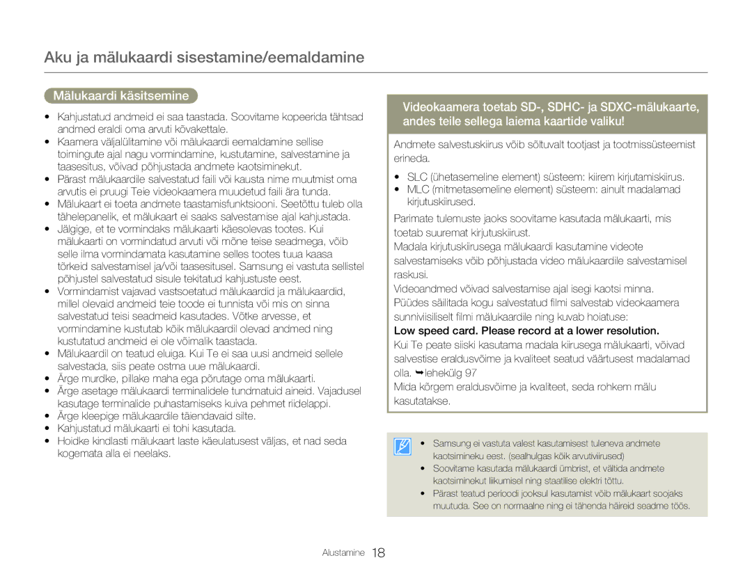 Samsung HMX-Q20BP/EDC manual Mälukaardi käsitsemine 