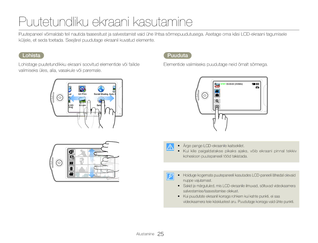 Samsung HMX-Q20BP/EDC manual Puutetundliku ekraani kasutamine, Lohista, Puuduta 