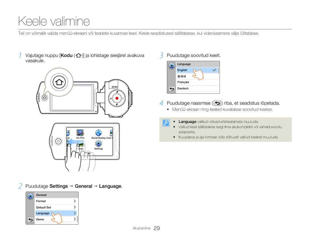 Samsung HMX-Q20BP/EDC manual Keele valimine, Vajutage nuppu Kodu ja lohistage seejärel avakuva, Vasakule 