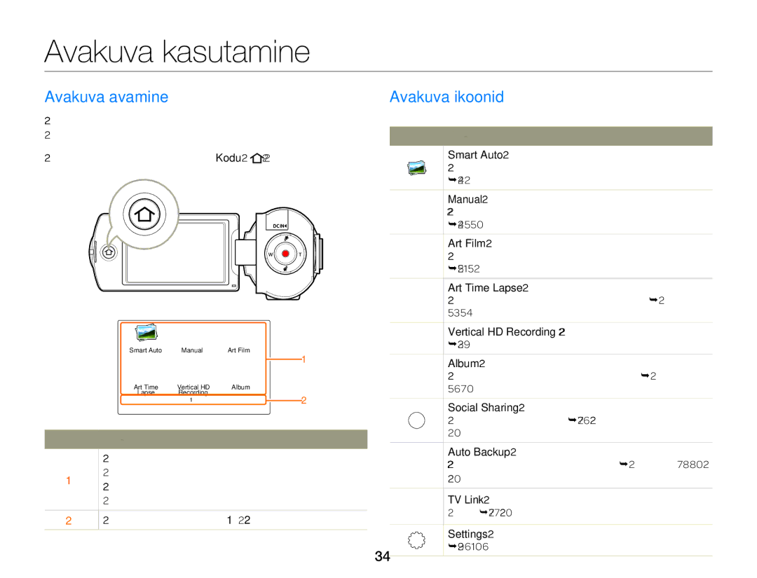 Samsung HMX-Q20BP/EDC manual Avakuva kasutamine, Avakuva avamine Avakuva ikoonid 