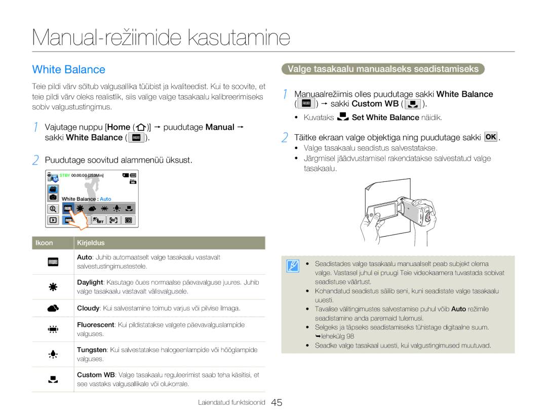 Samsung HMX-Q20BP/EDC manual Manual-režiimide kasutamine, White Balance, Valge tasakaalu manuaalseks seadistamiseks 