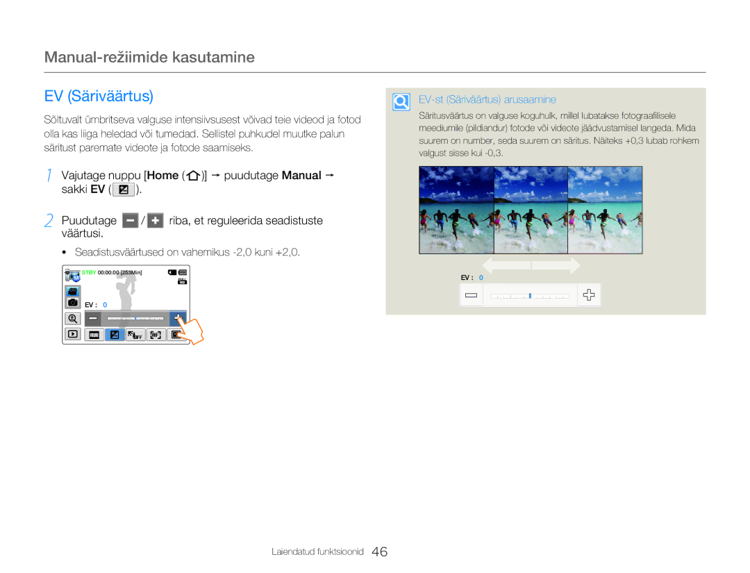Samsung HMX-Q20BP/EDC manual Manual-režiimide kasutamine, EV Säriväärtus, EV-st Säriväärtus arusaamine 