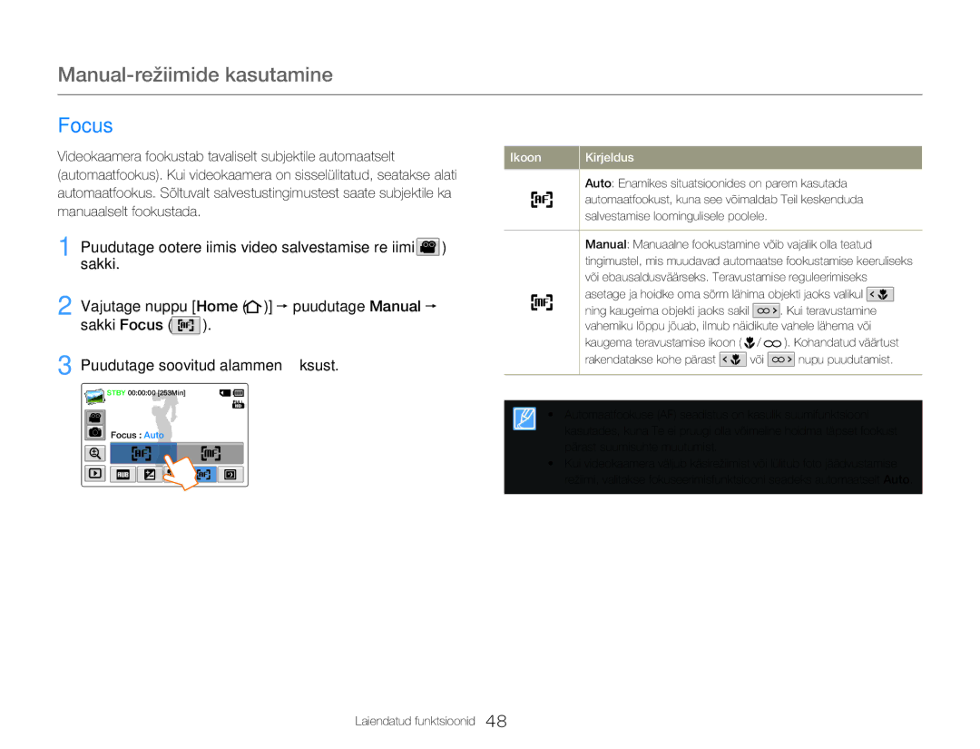 Samsung HMX-Q20BP/EDC manual Vajutage nuppu Home, Sakki Focus 