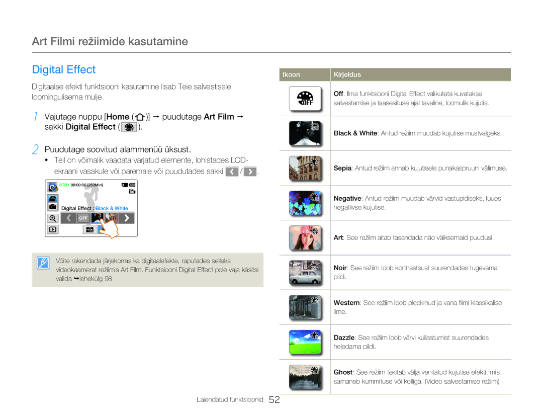 Samsung HMX-Q20BP/EDC manual Art Filmi režiimide kasutamine, Digital Effect 