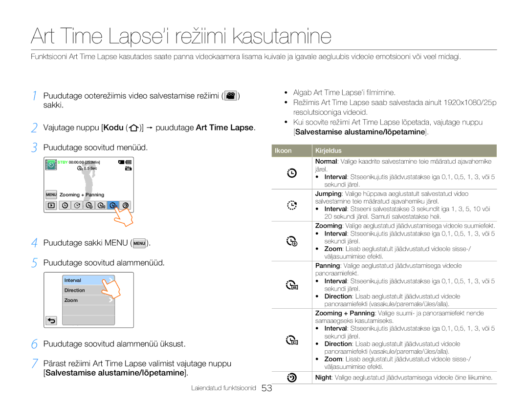 Samsung HMX-Q20BP/EDC manual Art Time Lapse’i režiimi kasutamine, Puudutage soovitud menüüd 