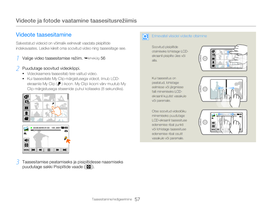 Samsung HMX-Q20BP/EDC manual Videote ja fotode vaatamine taasesitusrežiimis, Videote taasesitamine 