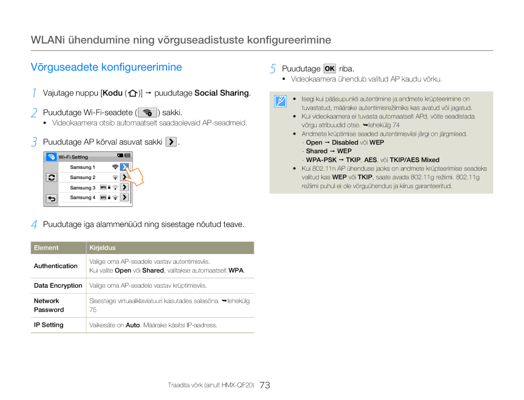 Samsung HMX-Q20BP/EDC WLANi ühendumine ning võrguseadistuste konfigureerimine, Võrguseadete konfigureerimine, Puudutage 