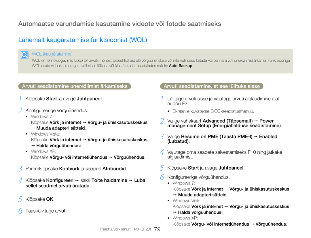 Samsung HMX-Q20BP/EDC manual Lähemalt kaugäratamise funktsioonist WOL, Klõpsake Start ja avage Juhtpaneel, Nuppu F2 