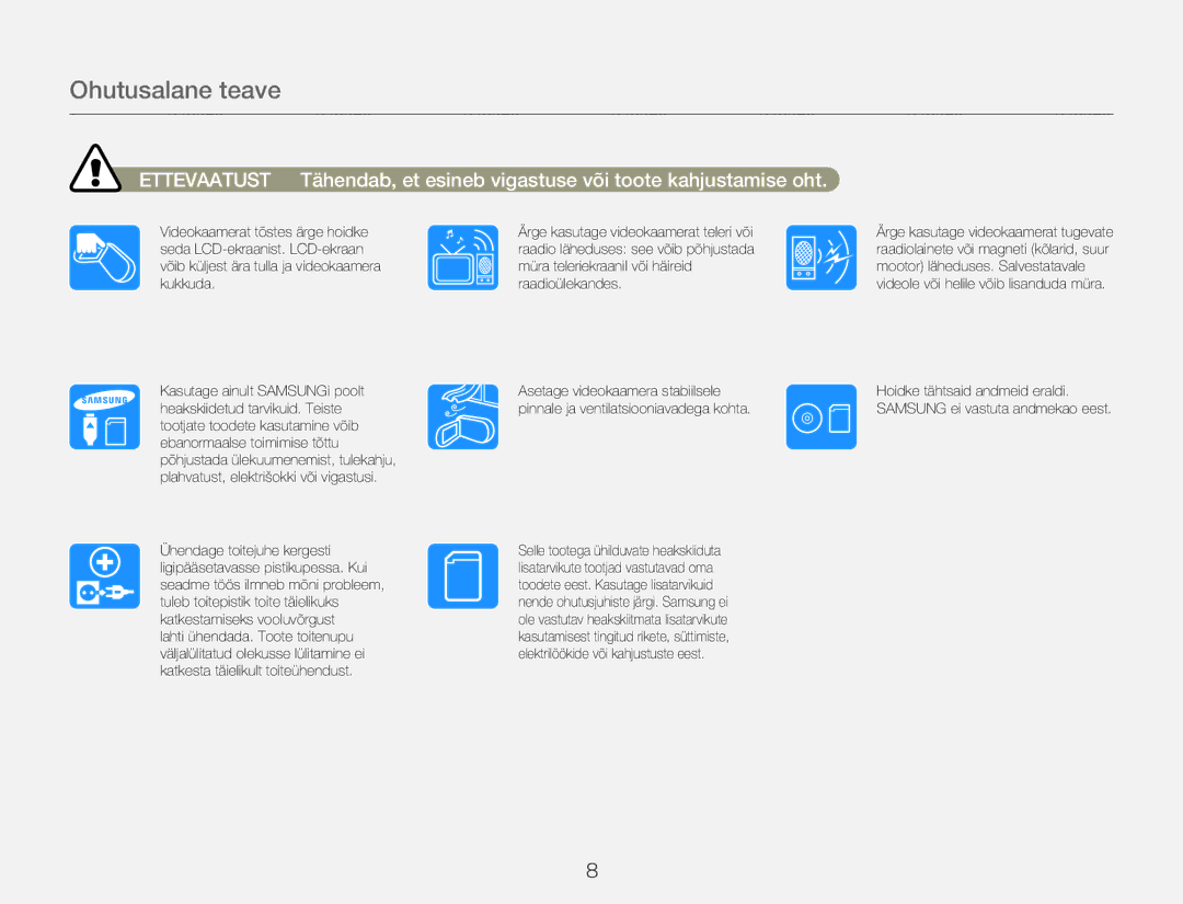 Samsung HMX-Q20BP/EDC manual Ohutusalane teave 