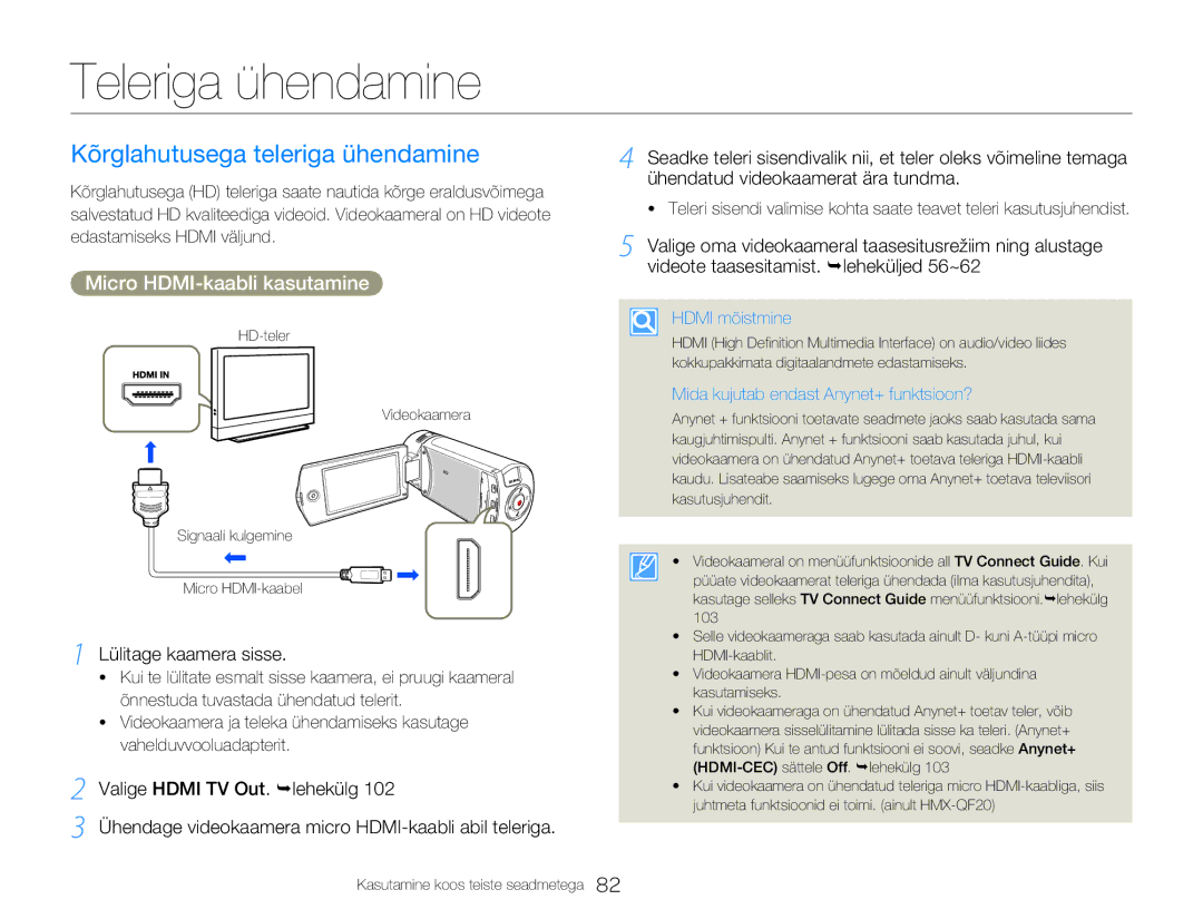 Samsung HMX-Q20BP/EDC manual Teleriga ühendamine, Kõrglahutusega teleriga ühendamine, Micro HDMI-kaabli kasutamine 