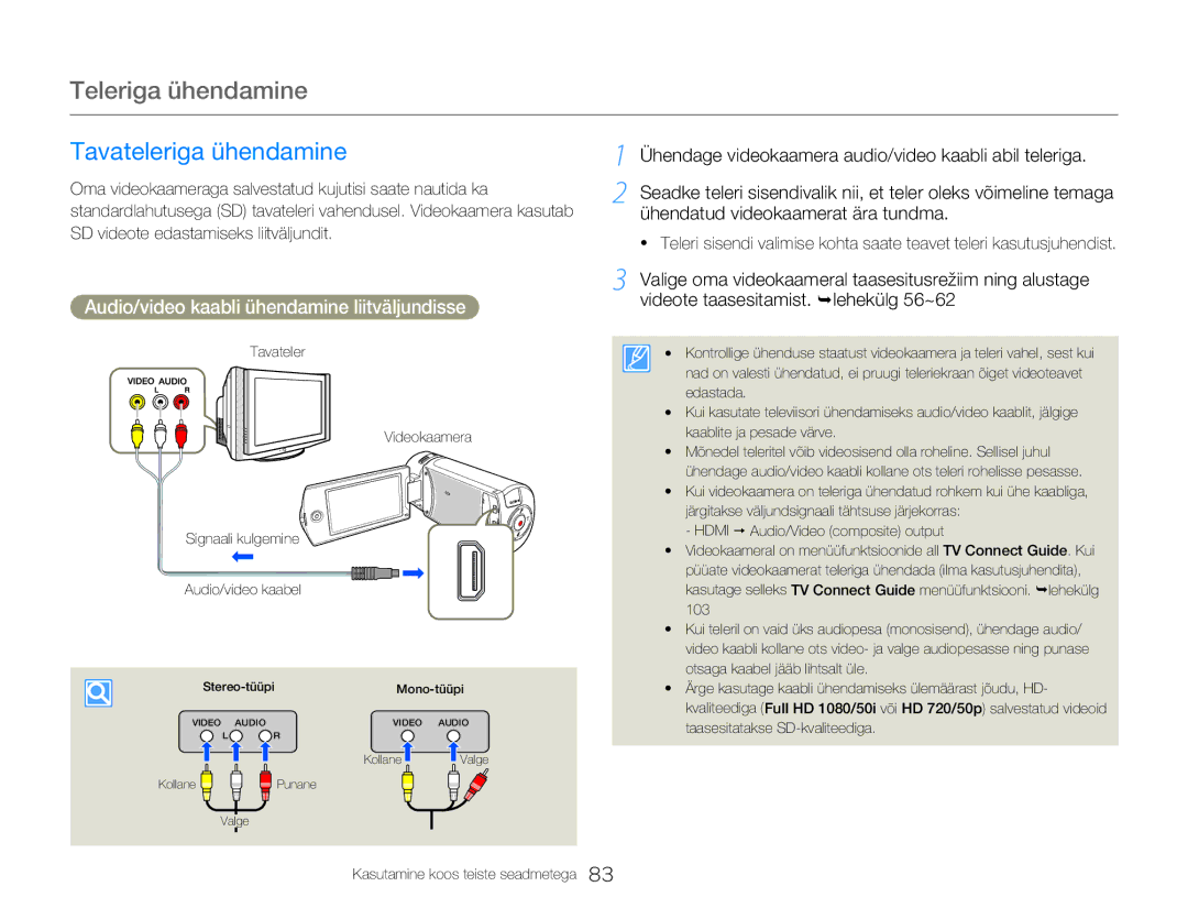 Samsung HMX-Q20BP/EDC manual Teleriga ühendamine, Tavateleriga ühendamine, Audio/video kaabli ühendamine liitväljundisse 