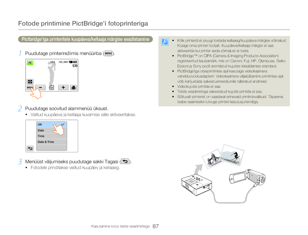 Samsung HMX-Q20BP/EDC Fotode printimine PictBridge’i fotoprinteriga, Fotodele prinditakse valitud kuupäev ja kellaaeg 