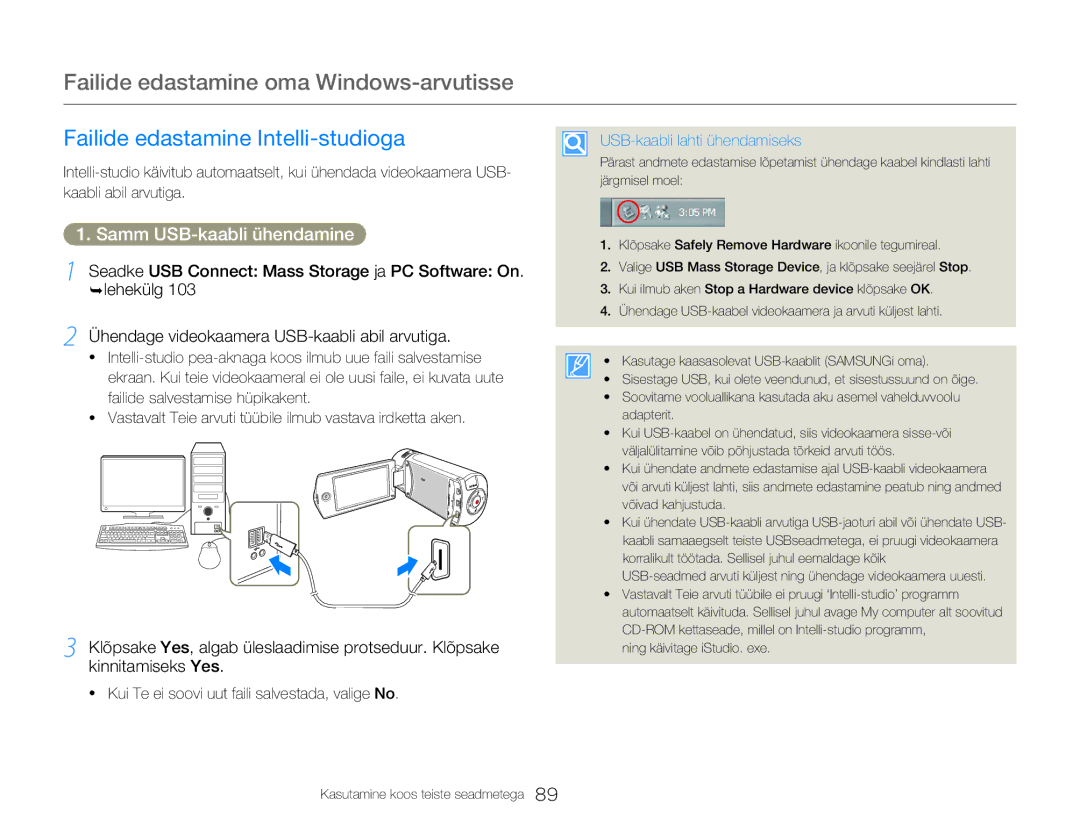 Samsung HMX-Q20BP/EDC manual Failide edastamine oma Windows-arvutisse, Failide edastamine Intelli-studioga 