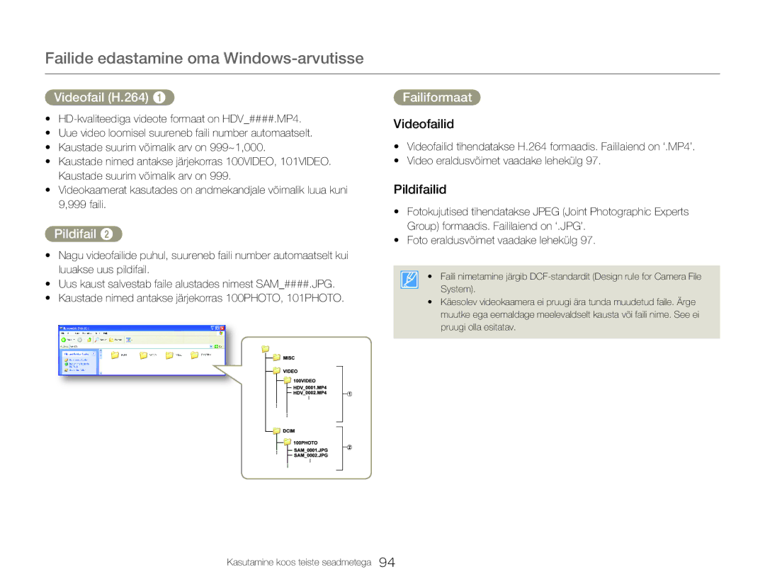 Samsung HMX-Q20BP/EDC manual Videofail H.264, Failiformaat, Videofailid, Pildifailid 