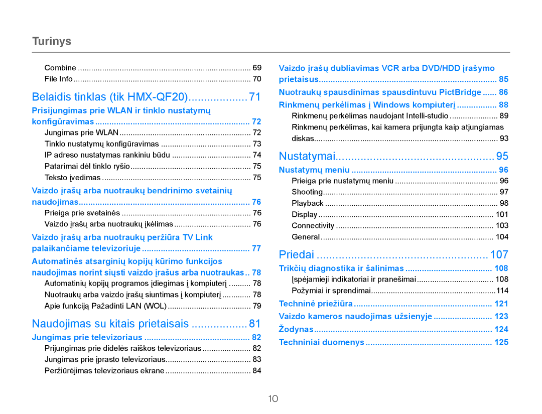 Samsung HMX-Q20BP/EDC manual Turinys, Belaidis tinklas tik HMX-QF20, 107 