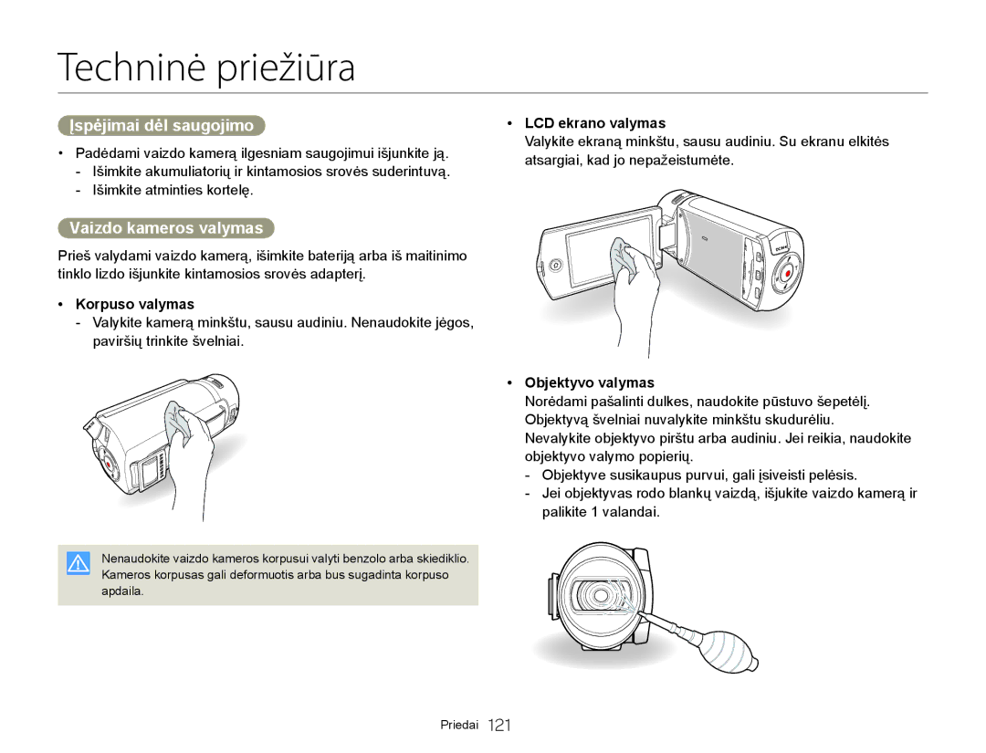 Samsung HMX-Q20BP/EDC manual Techninė priežiūra, Įspėjimai dėl saugojimo, Vaizdo kameros valymas 