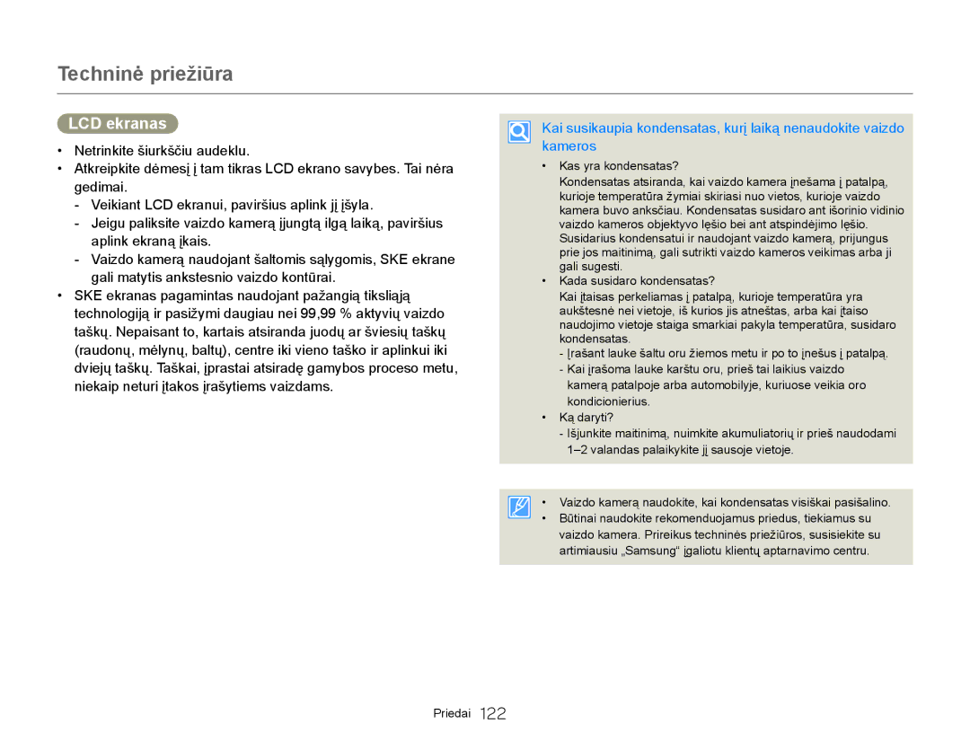 Samsung HMX-Q20BP/EDC manual Techninė priežiūra, LCD ekranas 