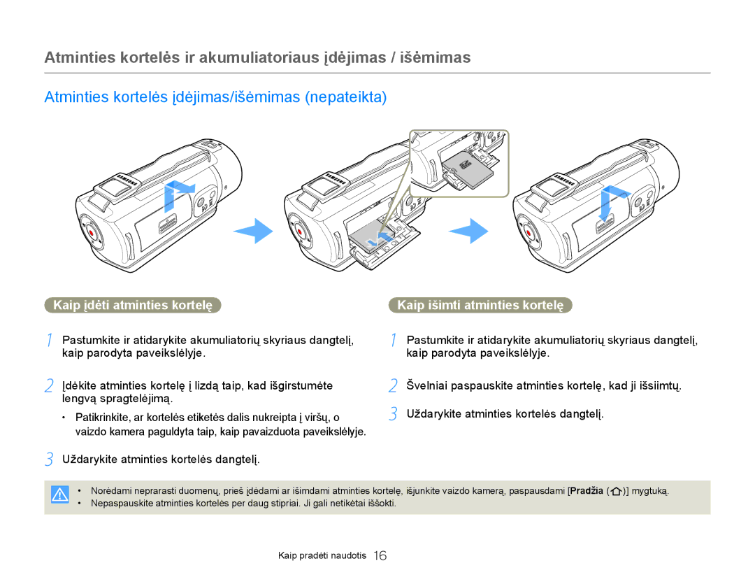 Samsung HMX-Q20BP/EDC manual Atminties kortelės ir akumuliatoriaus įdėjimas / išėmimas, Kaip įdėti atminties kortelę 