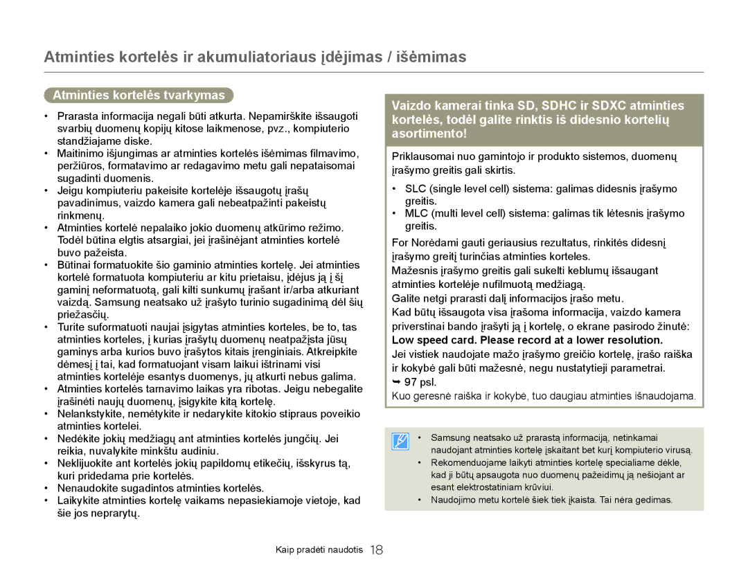 Samsung HMX-Q20BP/EDC manual Atminties kortelės tvarkymas, Low speed card. Please record at a lower resolution 