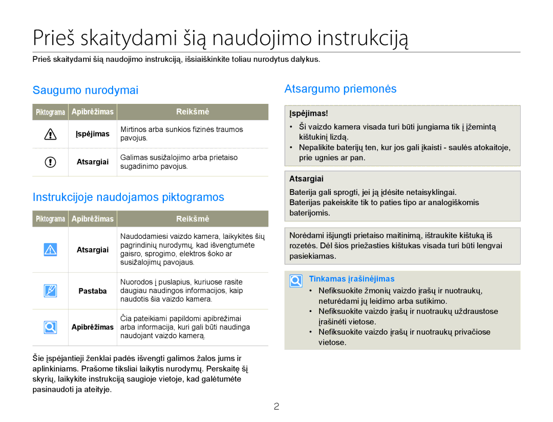 Samsung HMX-Q20BP/EDC Prieš skaitydami šią naudojimo instrukciją, Saugumo nurodymai, Instrukcijoje naudojamos piktogramos 